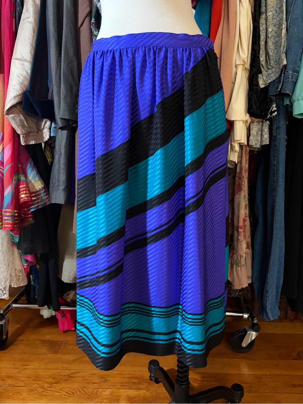 Vintage Anne Crimmins UMI Silk Midi Skirt Purple Teal Graphic Abstract Sz 12